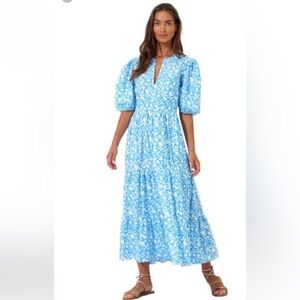 Oliphant Blue Floral Cotton Tiered Maxi Dress with Puff Sleeves and pockets